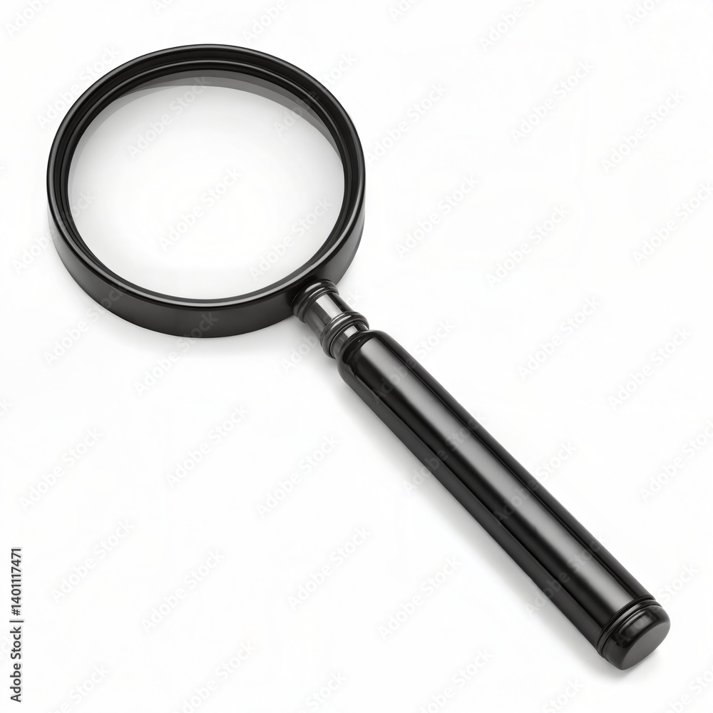A black magnifying glass with handle, lying flat isolated on white background A black magnifying glass with handle, lying flat isolated on white background
