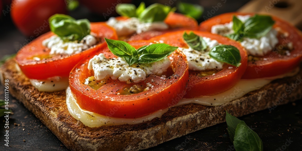 Fresh tomato and basil bruschetta served on rustic bread with creamy cheese and spices Fresh tomato and basil bruschetta served on rustic bread with creamy cheese and spices