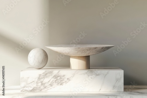 Minimalist Still Life Off White Stone Bowl and Sphere on Marble Pedestal
