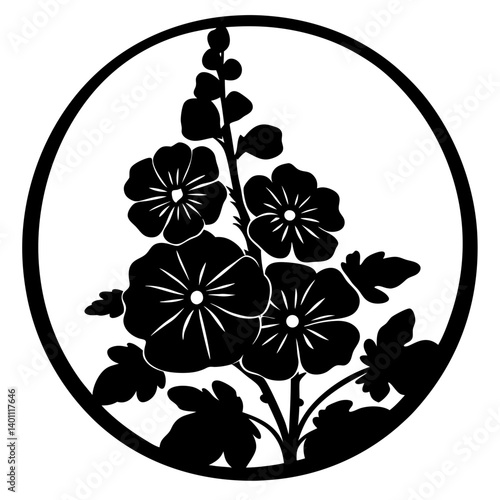 Japanese floral crest silhouette in circle- Traditional Japanese floral crest silhouette featuring blooming flowers inside a circular frame, symbolizing nature, beauty, and cultural heritage design
