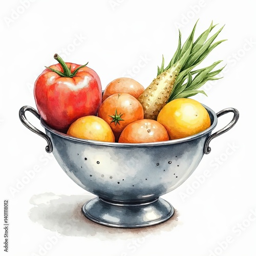 Stylized botanical watercolor of a metal colander filled with fresh vegetables, isolated on white..