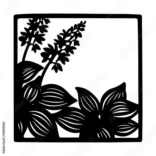 Floral silhouette square design illustration- Black silhouette of decorative flowers and leaves inside a square frame, ideal for stencil, papercut, or ornamental artwork