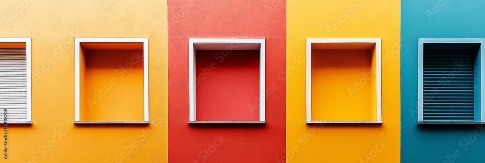 Vividly painted wall with colorful windows creates an eye-catching, artistic design.