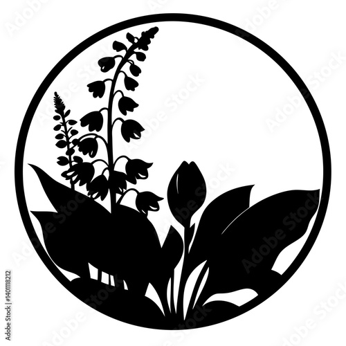 Bell-shaped wildflowers and bud silhouette in circle- Black and white floral silhouette artwork depicting bell-shaped wildflowers and a central flower bud with large leaves, enclosed  a circular frame