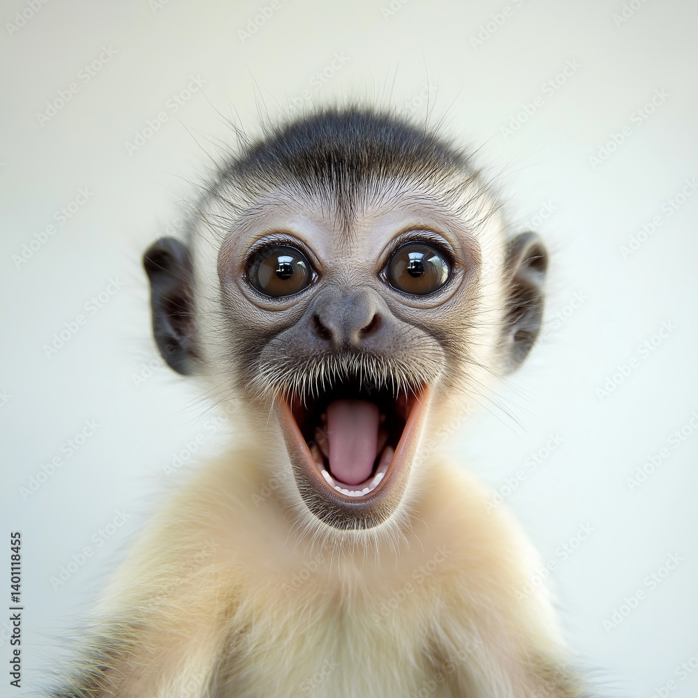 A close-up of a young monkey expressing joy and excitement with its wide open mouth and large eyes.