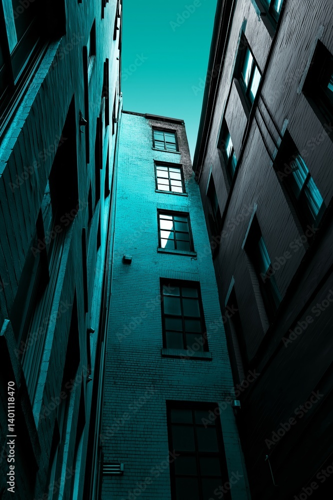 An artistic view of buildings creating an alleyway, showcasing unique architecture in contrasting colors.