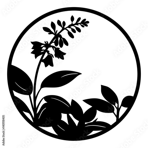 Bellflower floral silhouette in circle frame- Stylized black and white silhouette illustration of bellflowers with leaves, enclosed in a circular frame, perfect for stencil art, and decoration