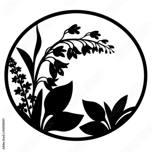 Lily of the valley floral silhouette in circle frame- Elegant black and white silhouette artwork of lily of the valley flowers and leaves enclosed in a circular frame, ideal for stencil and decoration