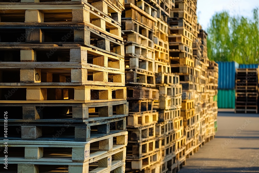 A detailed view of stacked wooden pallets in an industrial setting basking in warm sunlight.