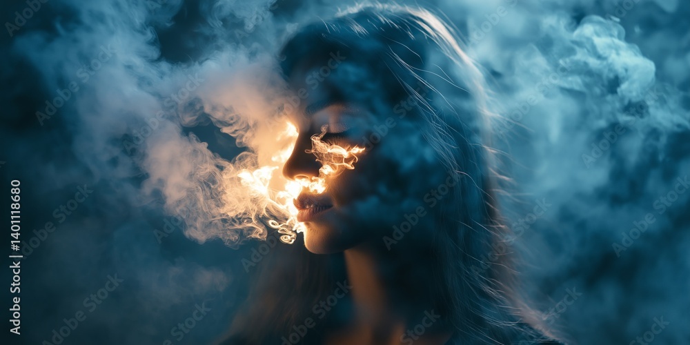 A captivating portrait featuring a woman amidst swirling smoke, creating an ethereal atmosphere.