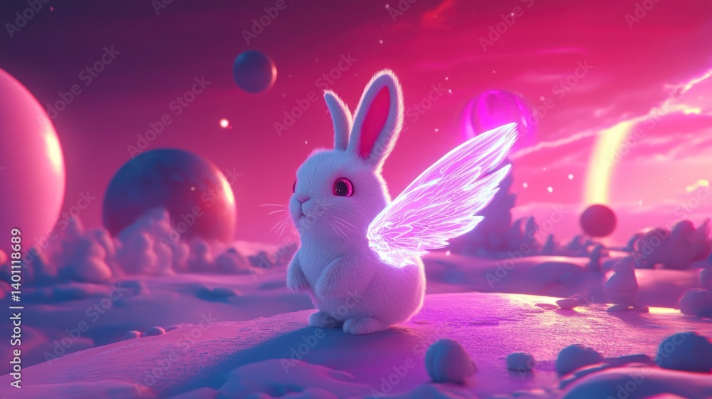 Fantasy Rabbit with Glowing Wings Standing on a Dreamy Planet Fantasy Rabbit with Glowing Wings Standing on a Dreamy Planet