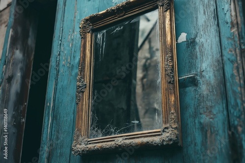An old and dusty mirror set in a rustic frame, highlighting the passage of time and memory.