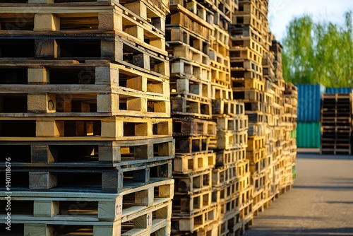 Obraz na płótnie A detailed view of stacked wooden pallets in an industrial setting basking in warm sunlight. w salonie