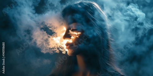 A captivating portrait featuring a woman amidst swirling smoke, creating an ethereal atmosphere.
