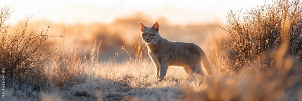 A striking cat stands in a golden-lit landscape, portraying beauty and grace in a natural setting.