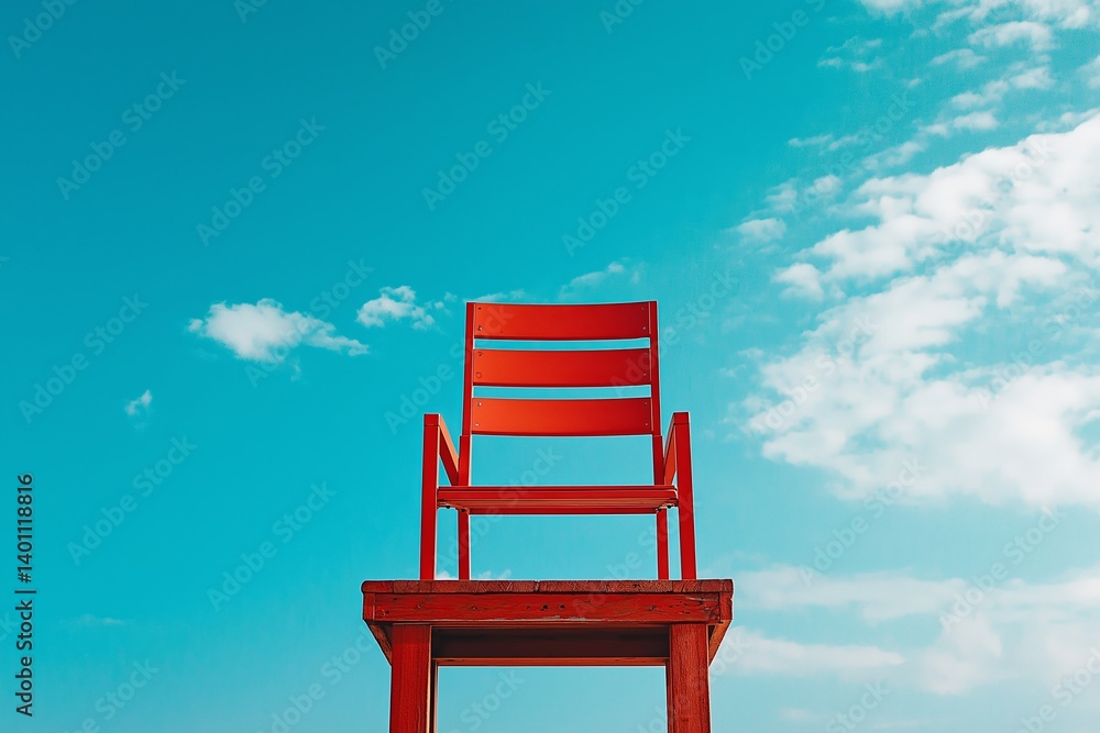 A striking red chair placed atop a wooden pedestal under a bright blue sky, symbolizing solitude.
