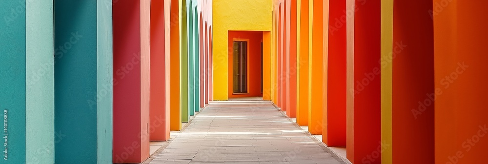 An artistic hallway filled with colorful columns creating a visually stunning geometric perspective.