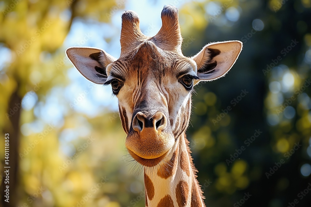 A captivating portrait of a giraffe with a soft-focus backdrop highlighting its majestic features.