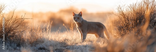 Obraz na płótnie A striking cat stands in a golden-lit landscape, portraying beauty and grace in a natural setting. w salonie