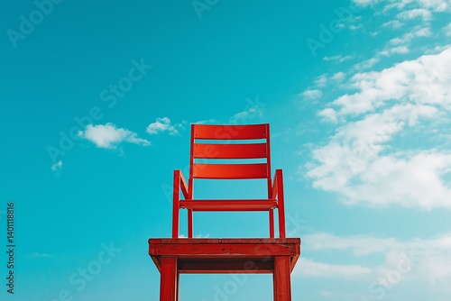 Obraz na płótnie A striking red chair placed atop a wooden pedestal under a bright blue sky, symbolizing solitude. w salonie