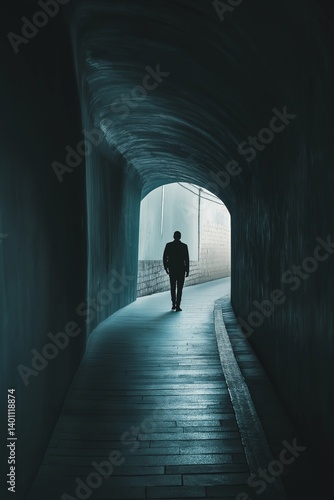 Obraz na płótnie A mysterious silhouette of a person walking through a dark tunnel, symbolizing journey and introspection. w salonie
