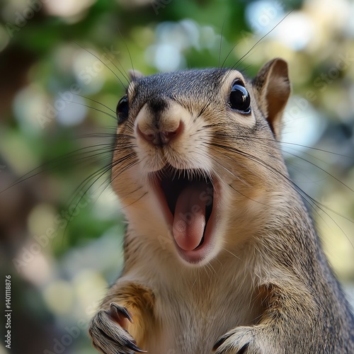 A close-up of a lively squirrel with an open mouth, showcasing its excitement and playful energy.