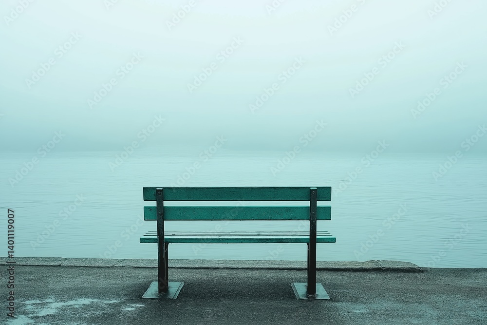 A lone green bench sits by tranquil waters amidst a foggy landscape, evoking solitude and reflection.