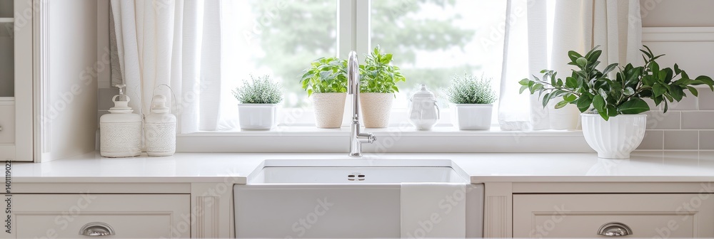 A serene kitchen with a white sink, lined with vibrant plants, radiating a fresh and airy atmosphere.
