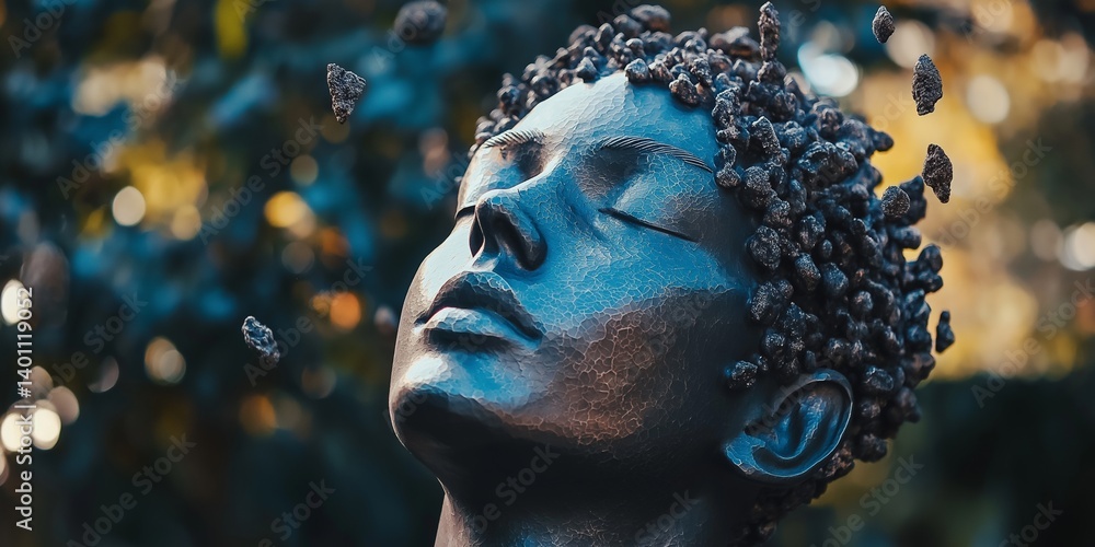 Striking sculpture portrays an ethereal figure with floating fragments, evoking deep emotions.
