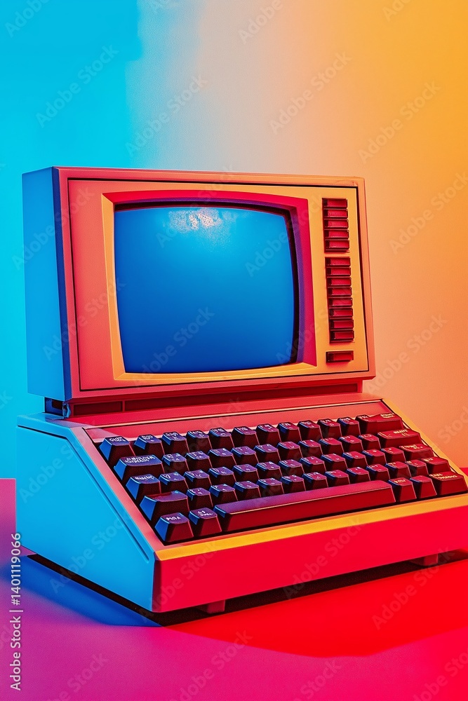 A vintage computer showcases vibrant colors and geometric shapes, emphasizing nostalgia and retro technology.