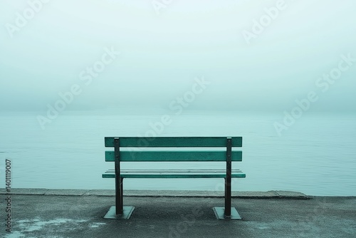 Obraz na płótnie A lone green bench sits by tranquil waters amidst a foggy landscape, evoking solitude and reflection. w salonie