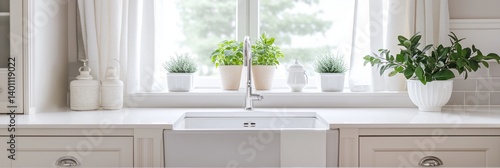 Obraz na płótnie A serene kitchen with a white sink, lined with vibrant plants, radiating a fresh and airy atmosphere. w salonie