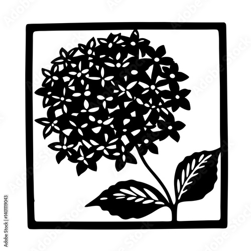 Hydrangea flower cluster silhouette in square frame- Black and white silhouette design of a hydrangea flower cluster with two leaves enclosed in a square border, ideal for decorative artwork