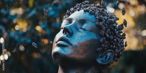 Obraz na płótnie Striking sculpture portrays an ethereal figure with floating fragments, evoking deep emotions. w salonie