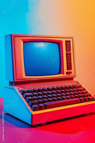 Obraz na płótnie A vintage computer showcases vibrant colors and geometric shapes, emphasizing nostalgia and retro technology. w salonie
