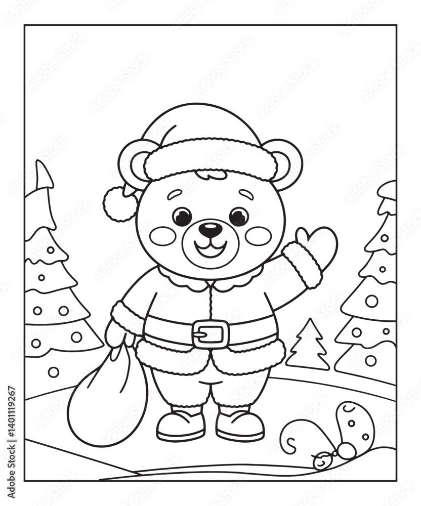 Fototapeta premium Cute bear wearing christmas hat coloring page for kids, black line art vector illustration on white background 