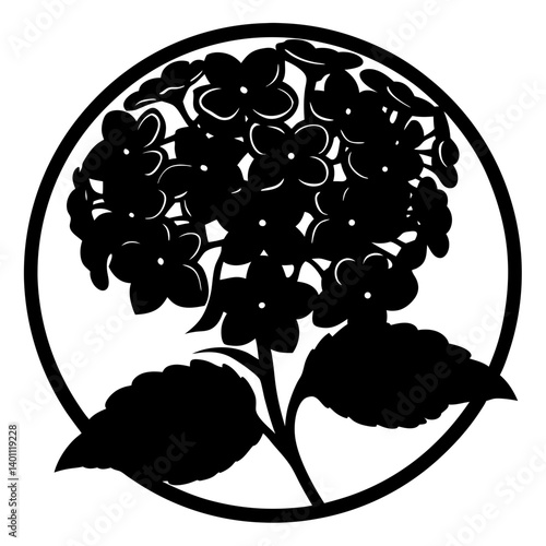 Hydrangea flower silhouette design in circle- Black and white silhouette illustration of a hydrangea flower cluster with leaves inside a circular frame, suitable for decoration or artwork