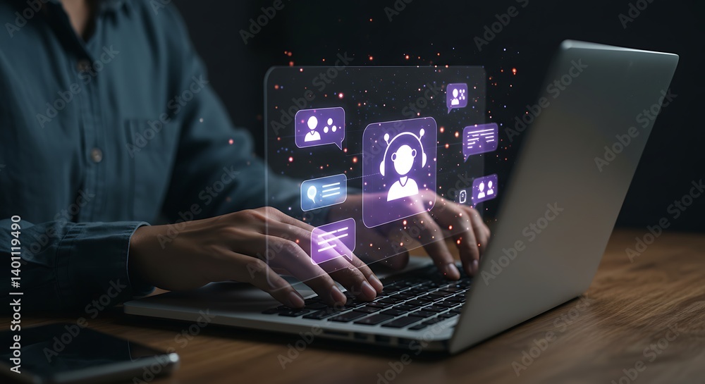 Chat Bot Chat with AI or Artificial Intelligence technology. Woman using a laptop computer chatting with an intelligent artificial intelligence asks for the answers he wants Chat Bot Chat with AI or Artificial Intelligence technology. Woman using a laptop computer chatting with an intelligent artificial intelligence asks for the answers he wants