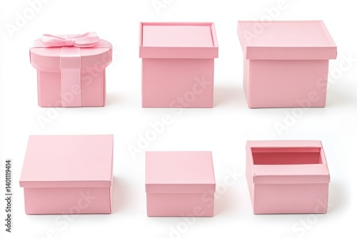 Set of pink gift boxes isolated on white background in elegant pastel wrapping with ribbons
