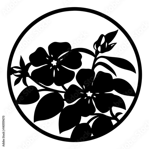 Silhouette of blooming flowers in circular frame- Black and white floral silhouette featuring several blossoms with leaves and buds enclosed in a round border, ideal for decoration or design