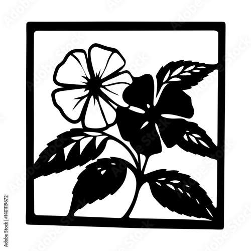 Floral silhouette artwork with blossoms in square frame- Black and white silhouette design of two blooming flowers with leaves inside a square border, perfect for decoration, stencil, or artwork