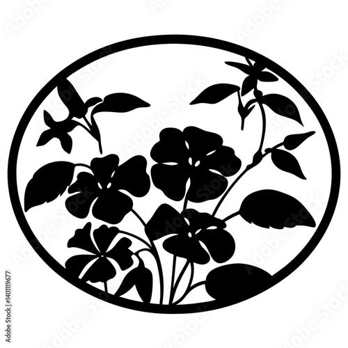 Silhouette of blooming flowers in oval frame- Black and white floral silhouette illustration featuring multiple blossoms with leaves inside an oval border, ideal for decoration and artistic design