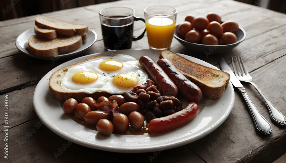 Breakfast Plate with Eggs, Sausages, Beans, Toast, and Drinks Breakfast Plate with Eggs, Sausages, Beans, Toast, and Drinks
