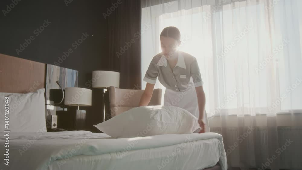 Female hotel housekeeper in uniform fluffing pillow on bed in guest room with bright sunlight streaming through window Female hotel housekeeper in uniform fluffing pillow on bed in guest room with bright sunlight streaming through window