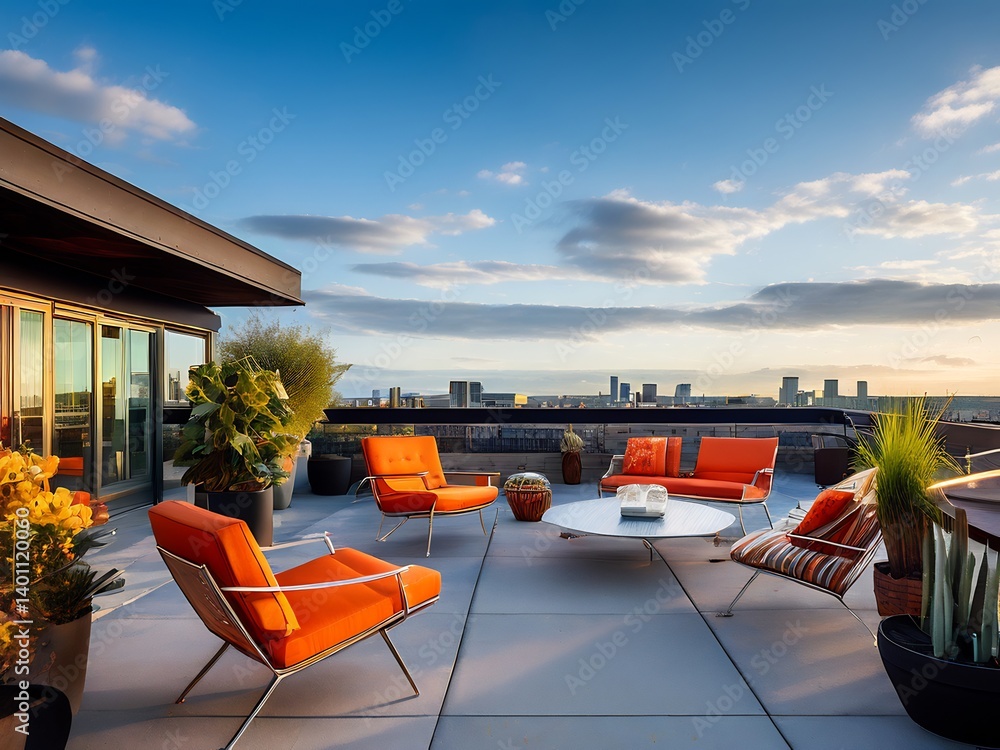 Fototapeta premium Modern Rooftop Terrace with City Skyline