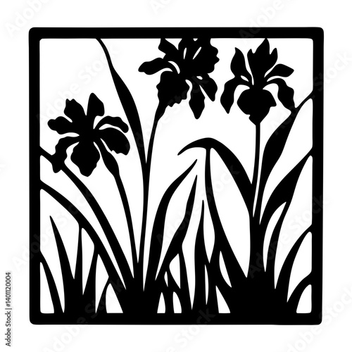 Iris flower silhouette artwork in square frame- Black and white silhouette illustration featuring three blooming iris flowers with grass and leaves inside a square frame, perfect for decoration