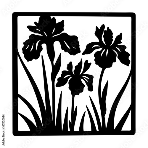 Silhouette of three iris flowers in square- Black and white floral silhouette artwork showing three blooming iris flowers with leaves and grass inside a square frame, ideal for decoration