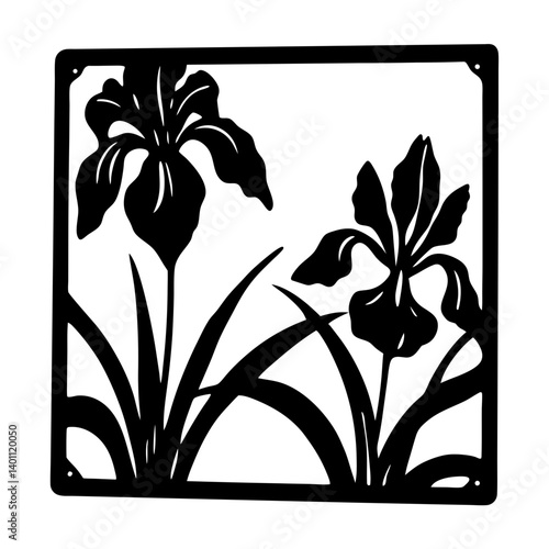 Iris flower silhouette design in square frame- Black and white silhouette of blooming iris flowers with leaves enclosed in a square frame, suitable for decoration, stencil, or artwork