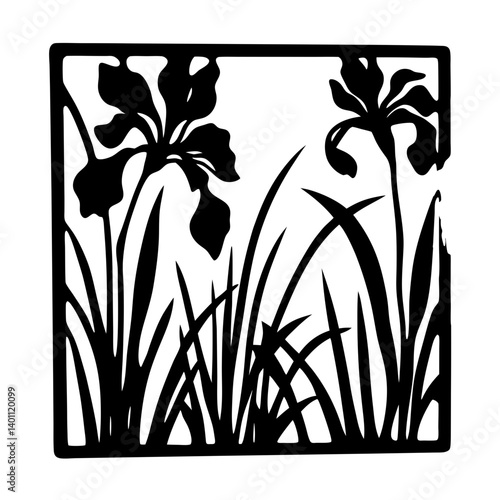 Quadro su tela Black and white illustration of iris , flower silhouette vector designs