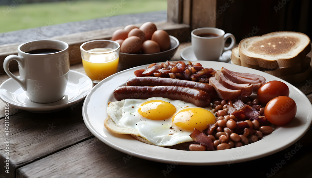 Full English Breakfast with Eggs, Sausages, Beans, and Beverages Full English Breakfast with Eggs, Sausages, Beans, and Beverages
